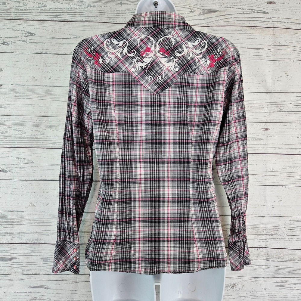 Panhandle Slim Womens Pearl Snap Shirt Sz Small Gray Pink Plaid Long Sleeve - Picture 3 of 4